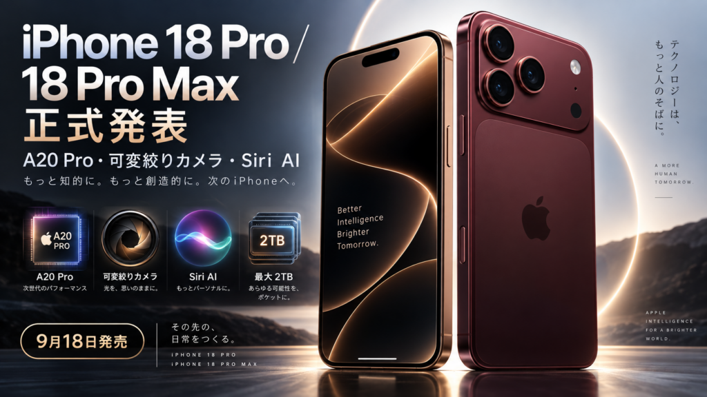 現在の画像に代替テキストがありません。ファイル名: iPhone-18-Pro・iPhone-18-Pro-Max正式発表|A20-Pro・可変絞りカメラ・Siri-AIなど新機能を徹底解説.png