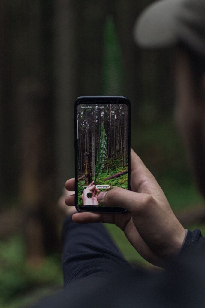 現在の画像: Man using smartphone to photograph a lush green forest scene.