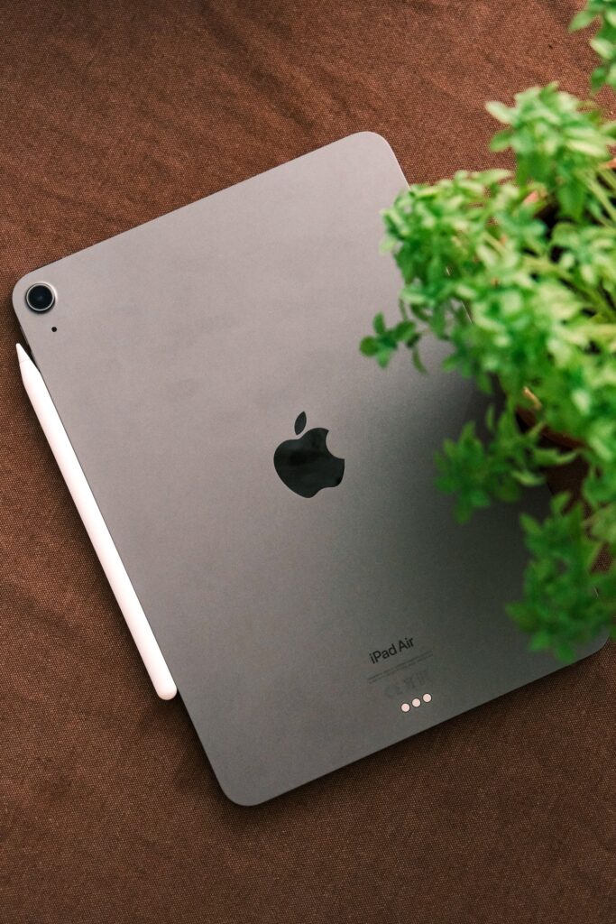 現在の画像: Top view of a sleek tablet and stylus on a brown surface beside a green plant.